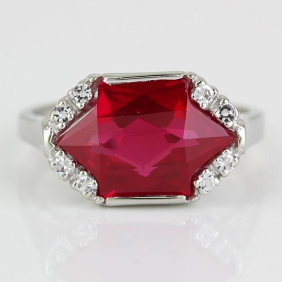 10k White Gold Lab-Created Ruby & Sapphire Ring - Picture 2 of 8
